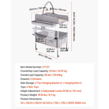 VEVOR Foldable Baby Changing Diaper Station with Side Basket & Hanging Rod Gray