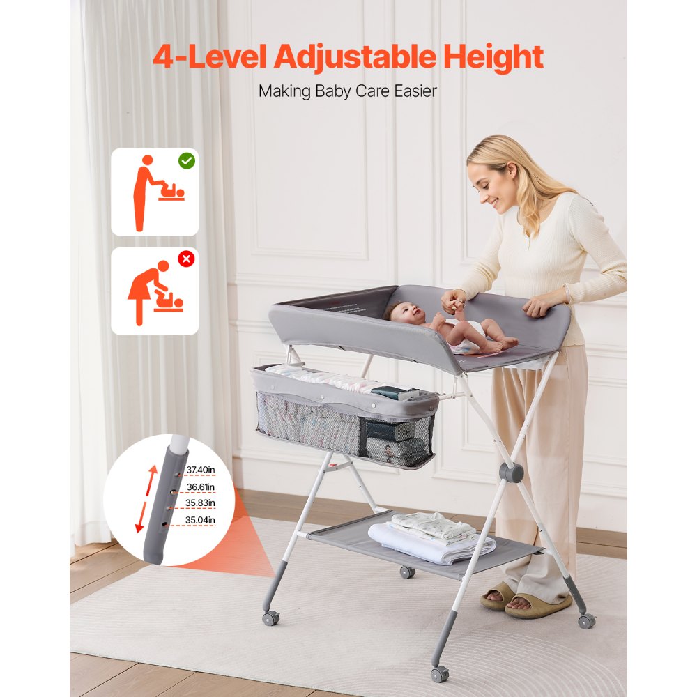 VEVOR Foldable Baby Changing Diaper Station with Side Basket & Wheels Light Gray