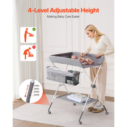 VEVOR Foldable Baby Changing Diaper Station with Side Basket & Wheels Light Gray