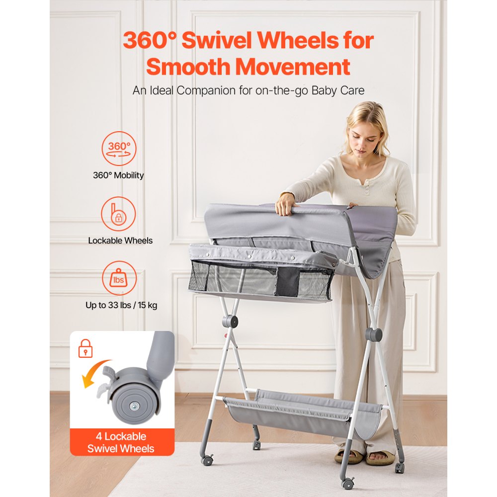 VEVOR Foldable Baby Changing Diaper Station with Side Basket & Wheels Light Gray