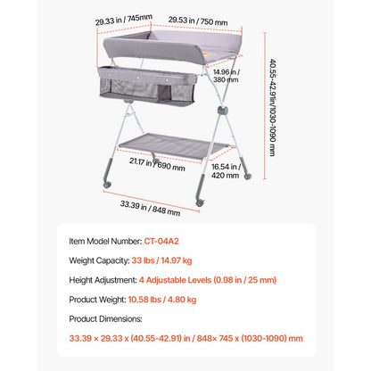 VEVOR Foldable Baby Changing Diaper Station with Side Basket & Wheels Light Gray