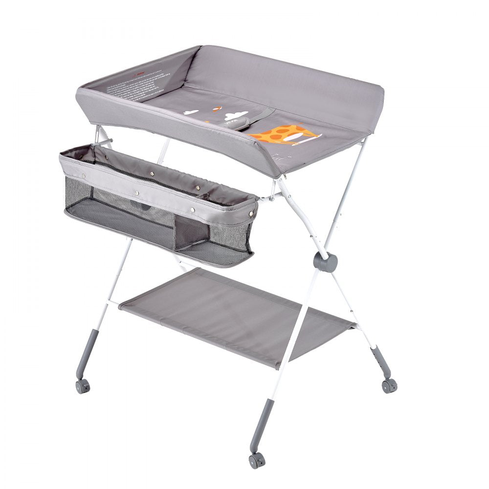 VEVOR Foldable Baby Changing Diaper Station with Side Basket & Wheels Light Gray