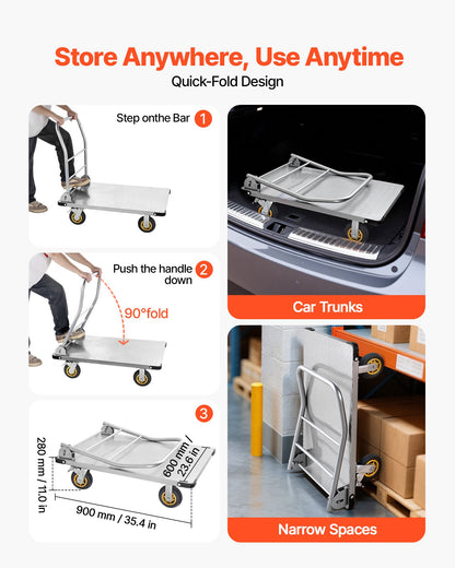 Platform Truck, 907.18 kg Capacity, Heavy Duty Steel Flatbed Cart with Swivel Wheels and Handle, Foldable Platform Hand Push Truck Dolly, for Groceries, Garage, Warehouse, 900 x 600 x 900 mm