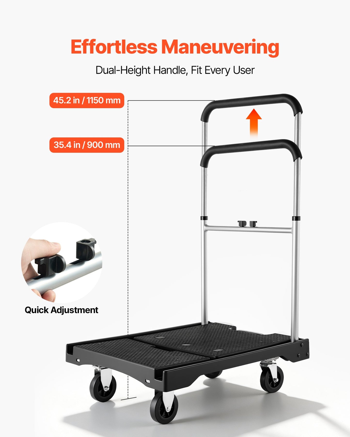 Foldable Push Cart Dolly, 149.69 kg Capacity, Folding Platform Truck with Swivel Wheels, Moving Platform Hand Truck Flatbed Cart, Adjustable Push Handle, for Easy Storage, 680 x 495 x 115 mm