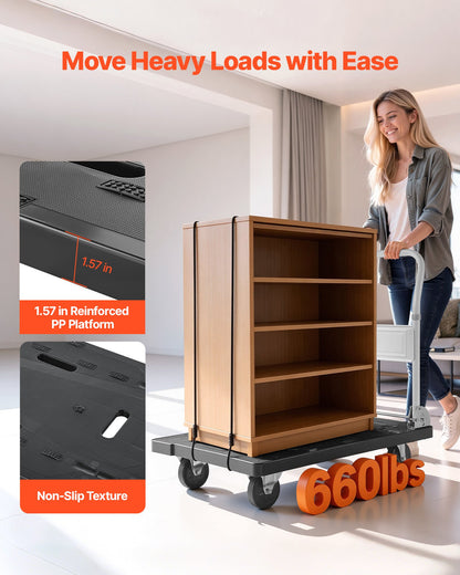 Foldable Push Cart Dolly, 299.37 kg Capacity, Folding Platform Truck with Swivel Wheels, Moving Platform Hand Truck Flatbed Cart, Space Saving Push Handle, for Easy Storage, 895 x 595 x 850 mm
