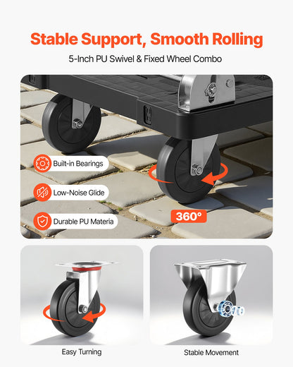 Foldable Push Cart Dolly, 299.37 kg Capacity, Folding Platform Truck with Swivel Wheels, Moving Platform Hand Truck Flatbed Cart, Space Saving Push Handle, for Easy Storage, 895 x 595 x 850 mm