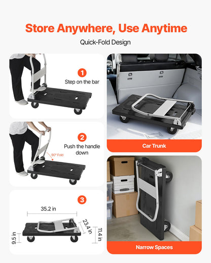 Foldable Push Cart Dolly, 299.37 kg Capacity, Folding Platform Truck with Swivel Wheels, Moving Platform Hand Truck Flatbed Cart, Space Saving Push Handle, for Easy Storage, 895 x 595 x 850 mm