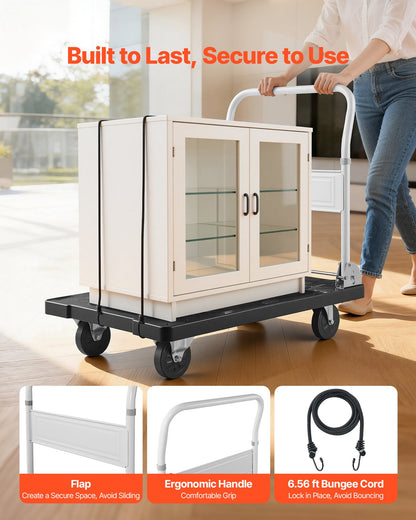 Foldable Push Cart Dolly, 299.37 kg Capacity, Folding Platform Truck with Swivel Wheels, Moving Platform Hand Truck Flatbed Cart, Space Saving Push Handle, for Easy Storage, 895 x 595 x 850 mm