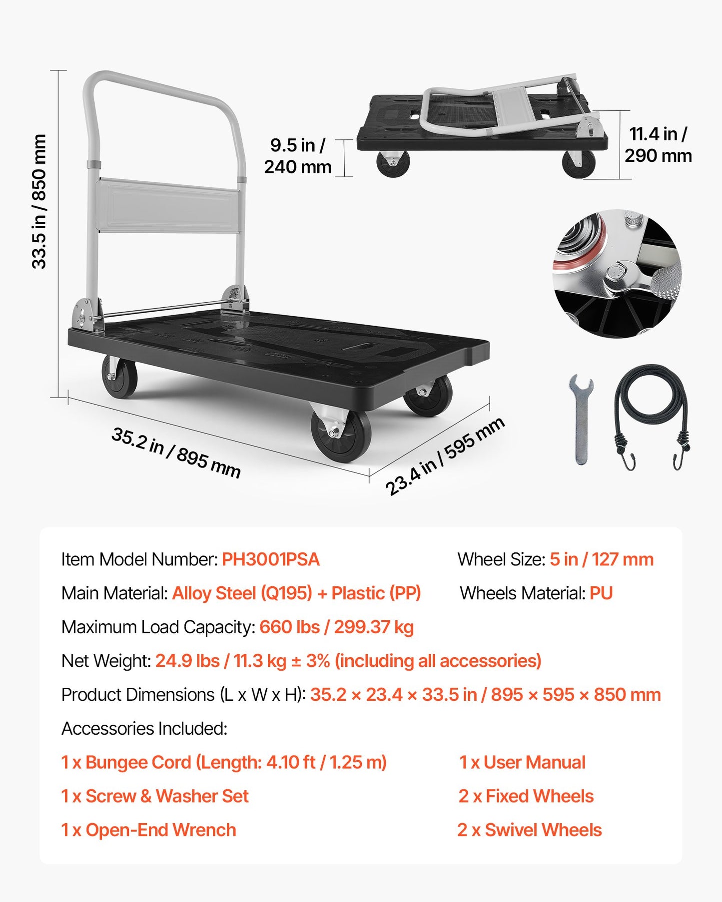 Foldable Push Cart Dolly, 299.37 kg Capacity, Folding Platform Truck with Swivel Wheels, Moving Platform Hand Truck Flatbed Cart, Space Saving Push Handle, for Easy Storage, 895 x 595 x 850 mm