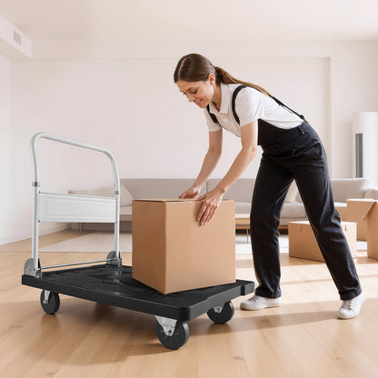 Foldable Push Cart Dolly, 299.37 kg Capacity, Folding Platform Truck with Swivel Wheels, Moving Platform Hand Truck Flatbed Cart, Space Saving Push Handle, for Easy Storage, 895 x 595 x 850 mm
