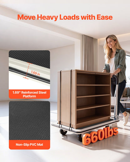 Foldable Push Cart Dolly, 299.37 kg Capacity, Folding Platform Truck with Swivel Wheels, Moving Platform Hand Truck Flatbed Cart, Space Saving Push Handle, for Easy Storage, 900 x 870 x 610 mm