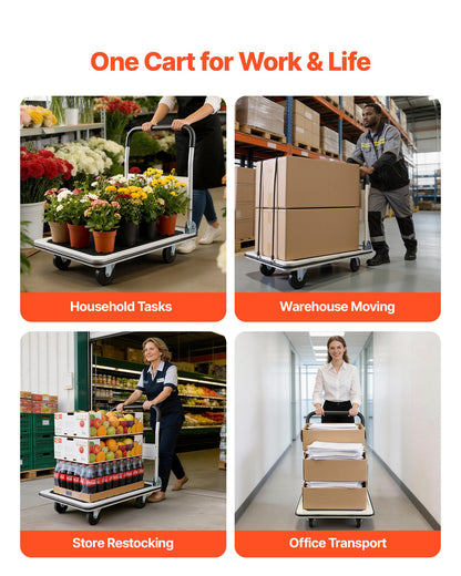 Foldable Push Cart Dolly, 299.37 kg Capacity, Folding Platform Truck with Swivel Wheels, Moving Platform Hand Truck Flatbed Cart, Space Saving Push Handle, for Easy Storage, 900 x 870 x 610 mm