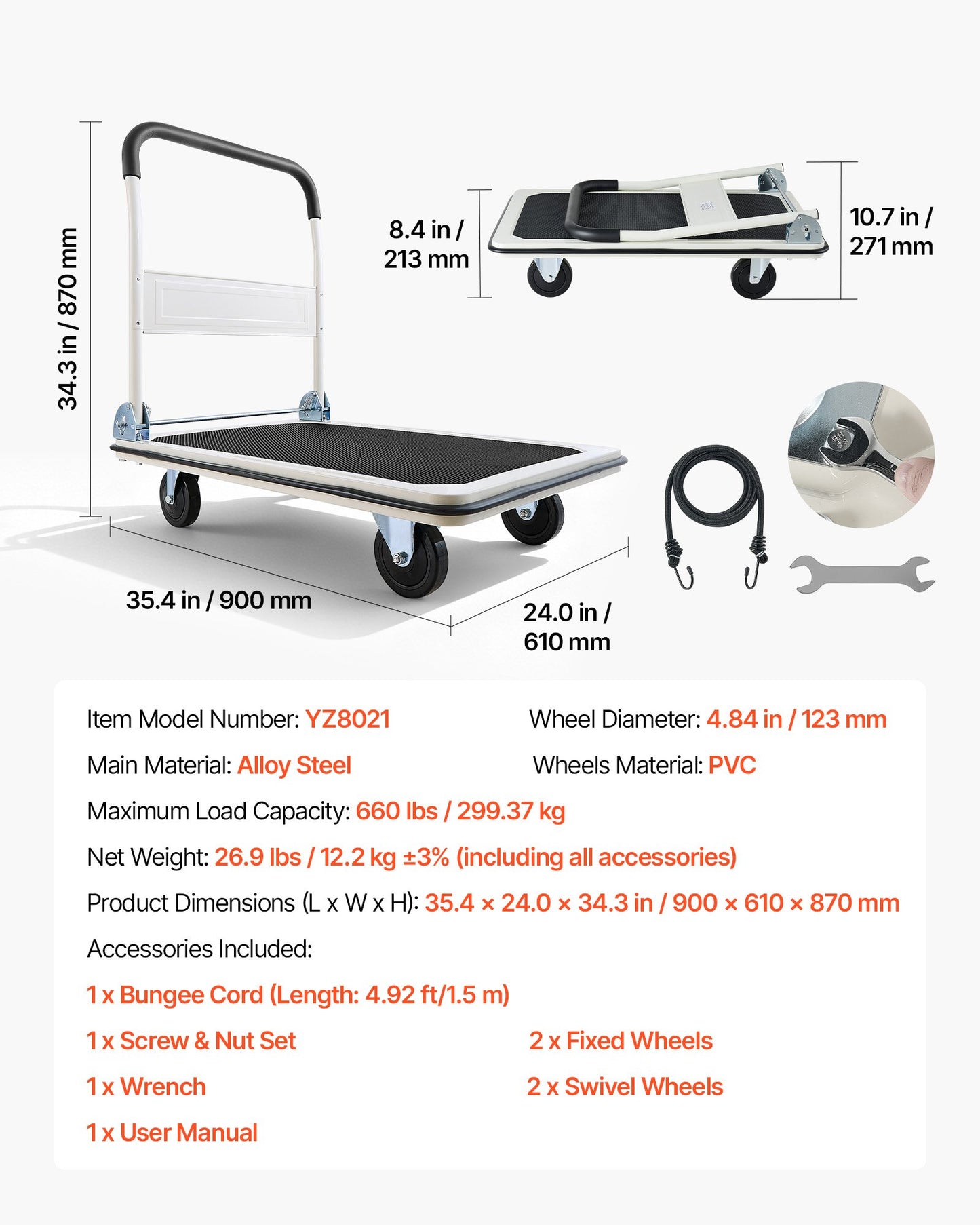 Foldable Push Cart Dolly, 299.37 kg Capacity, Folding Platform Truck with Swivel Wheels, Moving Platform Hand Truck Flatbed Cart, Space Saving Push Handle, for Easy Storage, 900 x 870 x 610 mm
