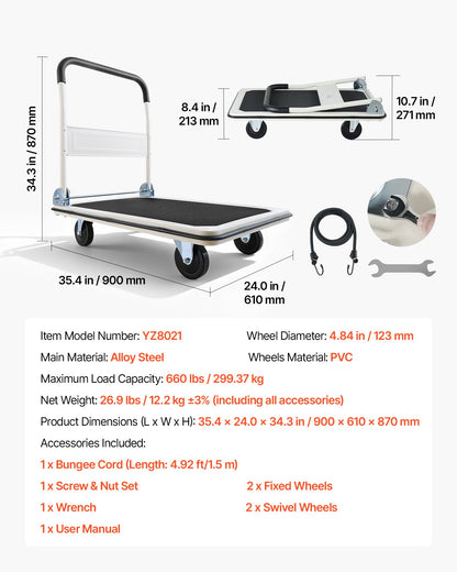 Foldable Push Cart Dolly, 299.37 kg Capacity, Folding Platform Truck with Swivel Wheels, Moving Platform Hand Truck Flatbed Cart, Space Saving Push Handle, for Easy Storage, 900 x 870 x 610 mm
