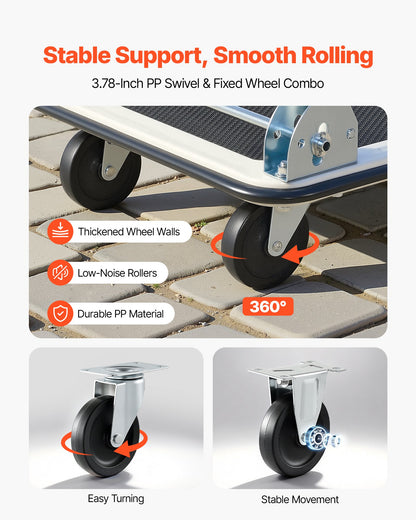 Foldable Push Cart Dolly, 149.69 kg Capacity, Folding Platform Truck with Swivel Wheels, Moving Platform Hand Truck Flatbed Cart, Space Saving Push Handle, for Easy Storage, 735 x 480 x 825 mm