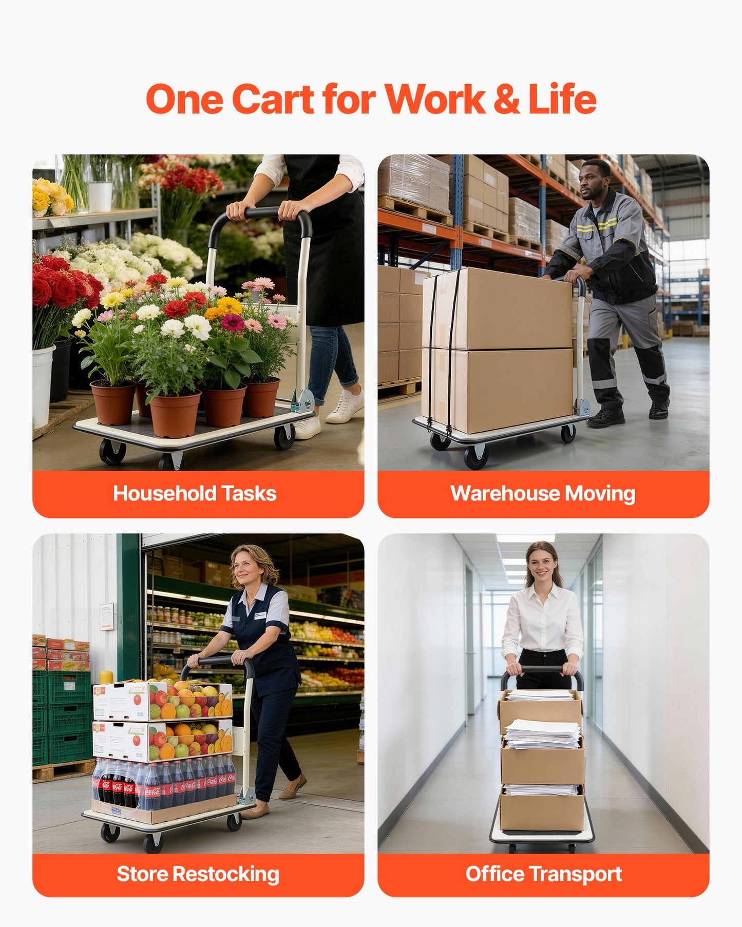 Foldable Push Cart Dolly, 149.69 kg Capacity, Folding Platform Truck with Swivel Wheels, Moving Platform Hand Truck Flatbed Cart, Space Saving Push Handle, for Easy Storage, 735 x 480 x 825 mm