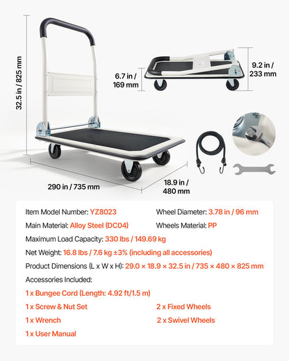 Foldable Push Cart Dolly, 149.69 kg Capacity, Folding Platform Truck with Swivel Wheels, Moving Platform Hand Truck Flatbed Cart, Space Saving Push Handle, for Easy Storage, 735 x 480 x 825 mm