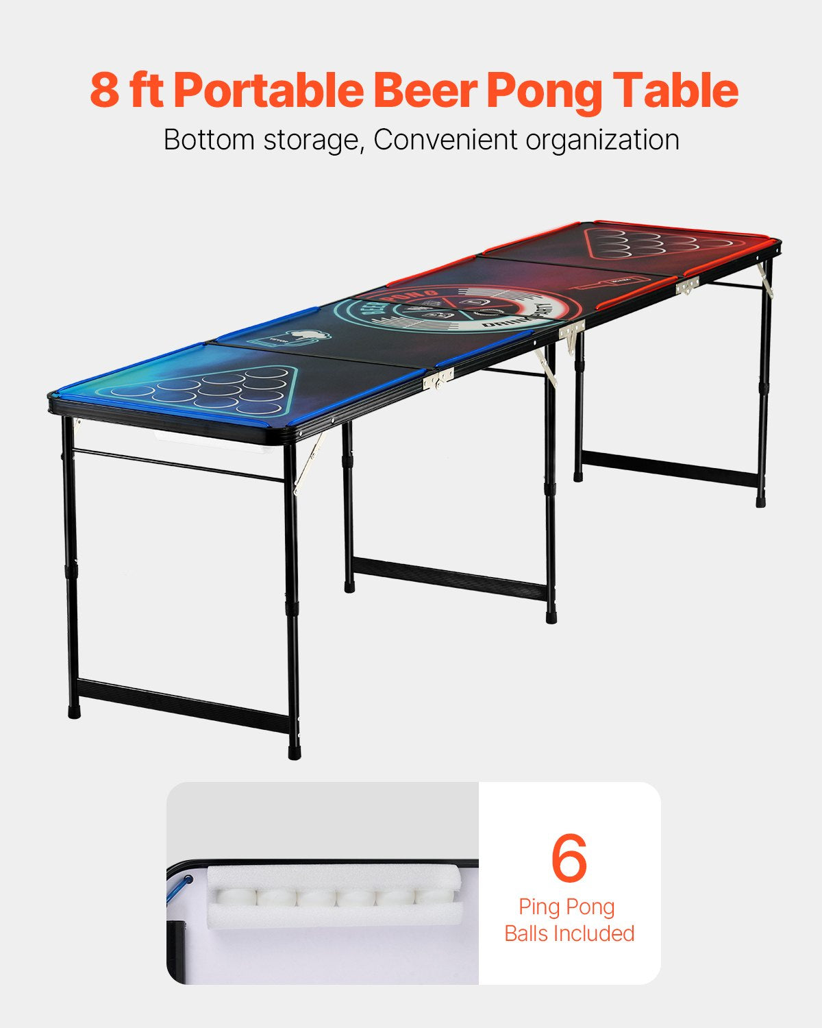 2.4 m Portable Beer Pong Table, LED Lights, Foldable Tailgate Table with Carrying Handles and 6 Pong Balls, Adjustable Height, Lightweight Table for Office, Tailgate Party, Travel & Camping