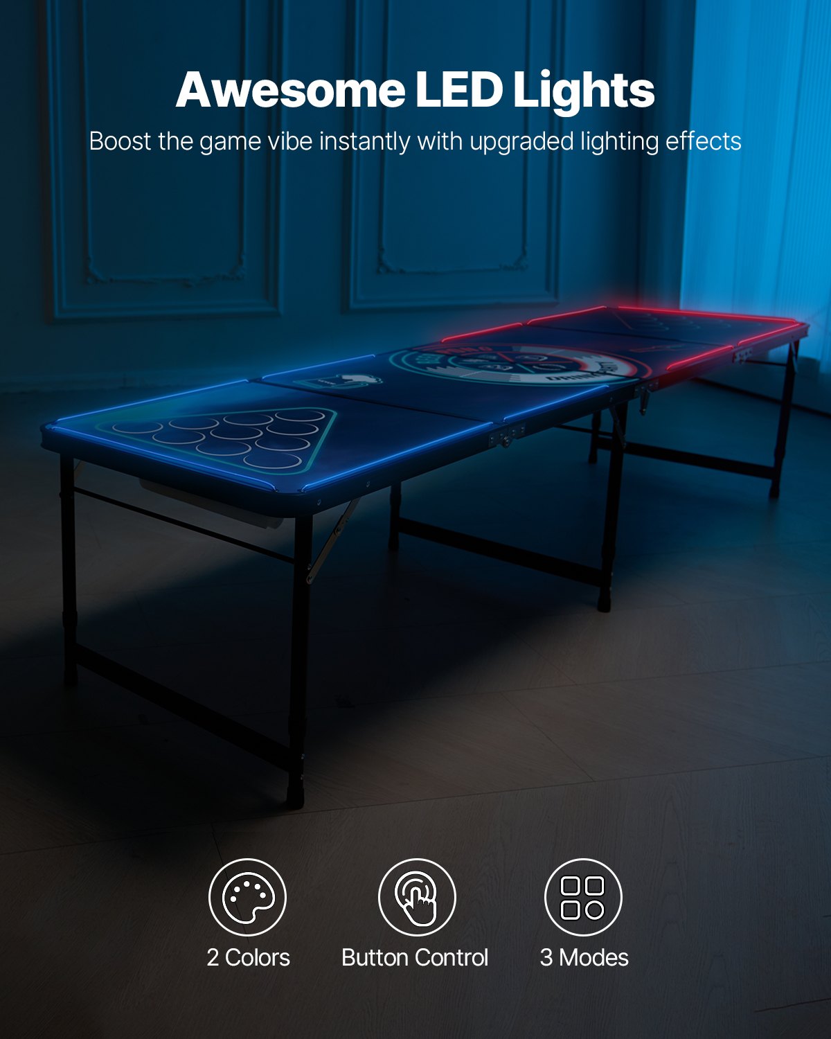 2.4 m Portable Beer Pong Table, LED Lights, Foldable Tailgate Table with Carrying Handles and 6 Pong Balls, Adjustable Height, Lightweight Table for Office, Tailgate Party, Travel & Camping