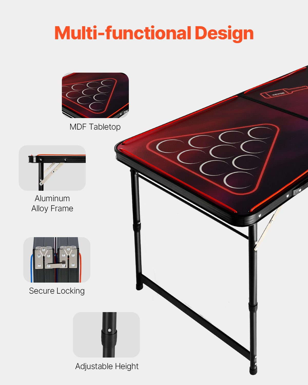 2.4 m Portable Beer Pong Table, LED Lights, Foldable Tailgate Table with Carrying Handles and 6 Pong Balls, Adjustable Height, Lightweight Table for Office, Tailgate Party, Travel & Camping