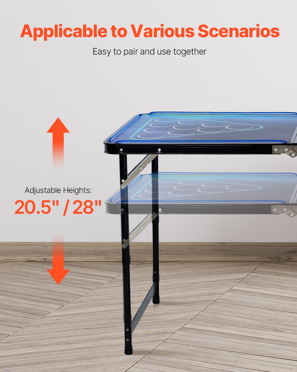 2.4 m Portable Beer Pong Table, LED Lights, Foldable Tailgate Table with Carrying Handles and 6 Pong Balls, Adjustable Height, Lightweight Table for Office, Tailgate Party, Travel & Camping
