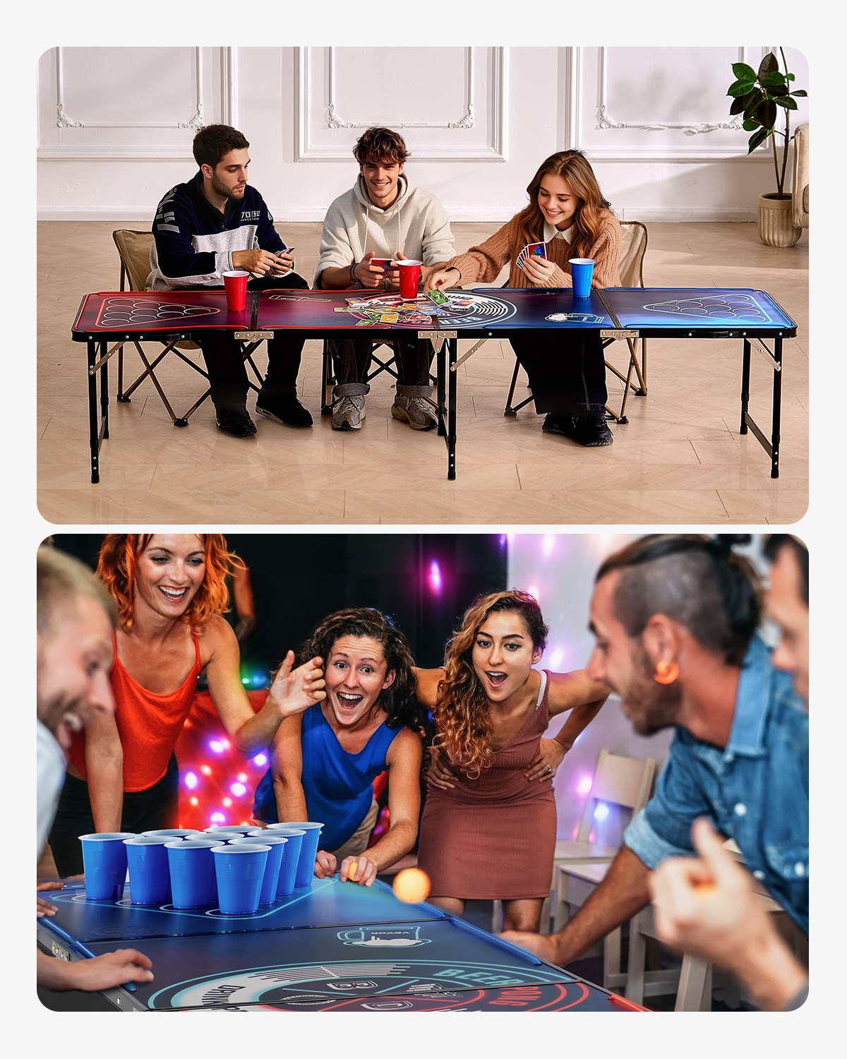 2.4 m Portable Beer Pong Table, LED Lights, Foldable Tailgate Table with Carrying Handles and 6 Pong Balls, Adjustable Height, Lightweight Table for Office, Tailgate Party, Travel & Camping