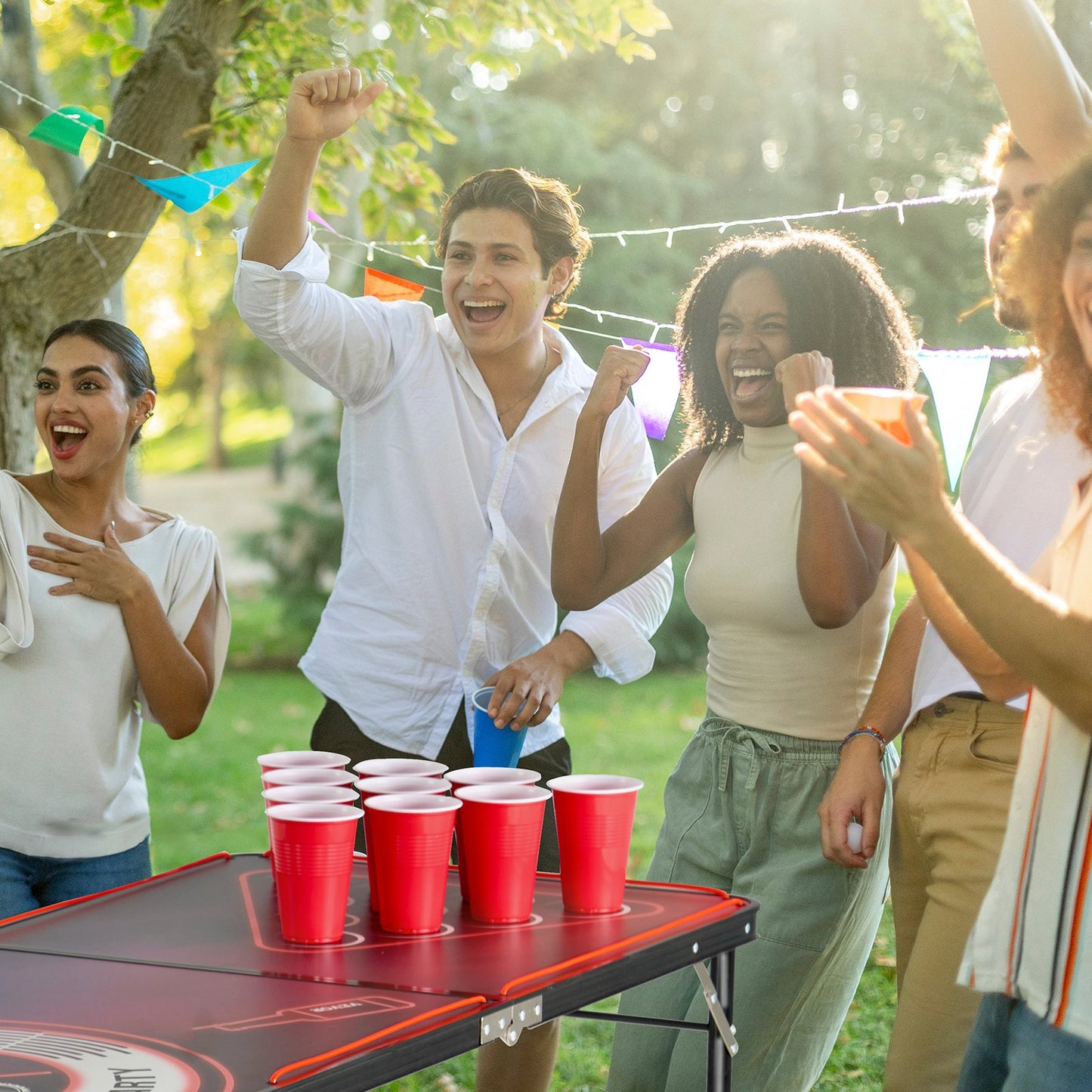 2.4 m Portable Beer Pong Table, LED Lights, Foldable Tailgate Table with Carrying Handles and 6 Pong Balls, Adjustable Height, Lightweight Table for Office, Tailgate Party, Travel & Camping