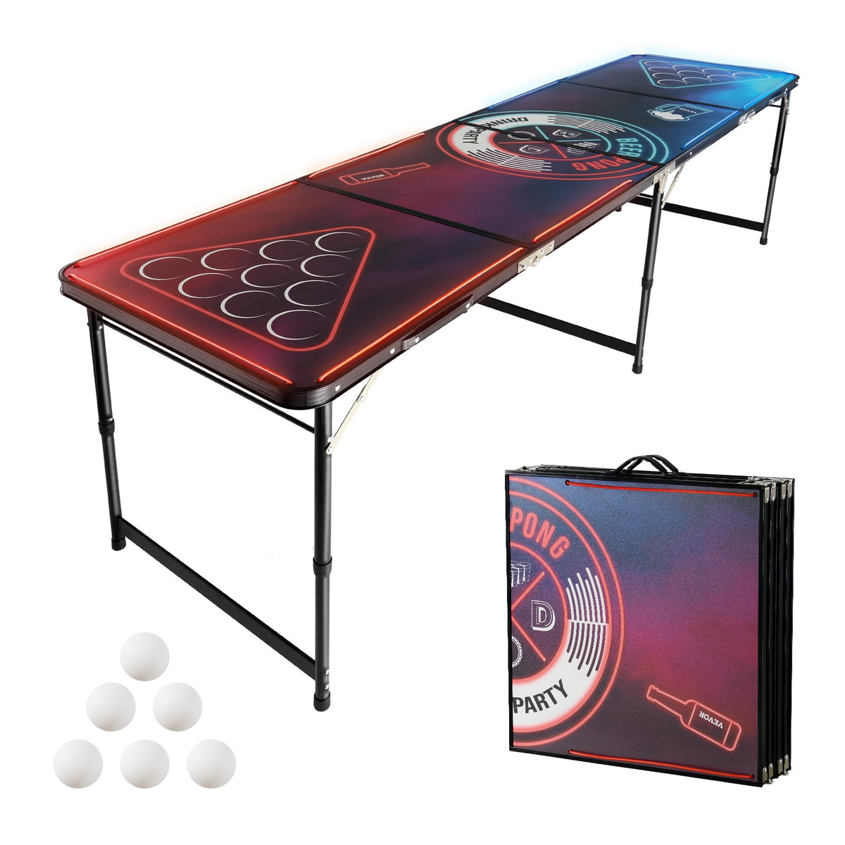 2.4 m Portable Beer Pong Table, LED Lights, Foldable Tailgate Table with Carrying Handles and 6 Pong Balls, Adjustable Height, Lightweight Table for Office, Tailgate Party, Travel & Camping