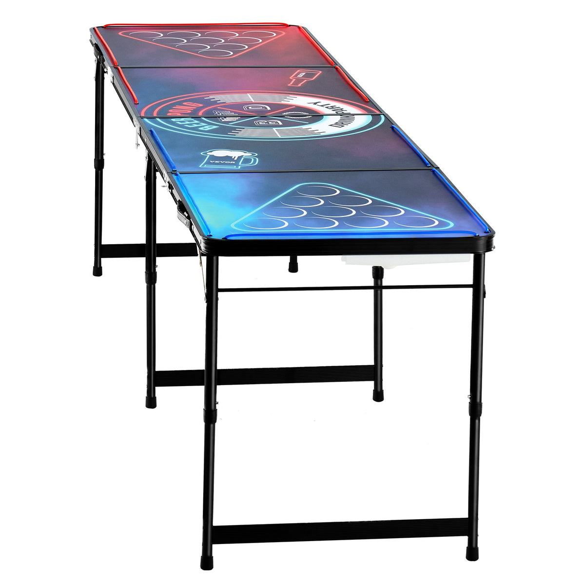 2.4 m Portable Beer Pong Table, LED Lights, Foldable Tailgate Table with Carrying Handles and 6 Pong Balls, Adjustable Height, Lightweight Table for Office, Tailgate Party, Travel & Camping