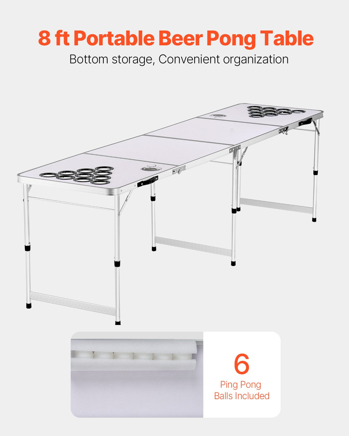 2.4 m Portable Beer Pong Table, Folding Tailgate Table, Cup Holes, Dry Erase Markers and Carrying Handles, Adjustable Height, Lightweight Table for Office, Tailgate Party & Camping, White