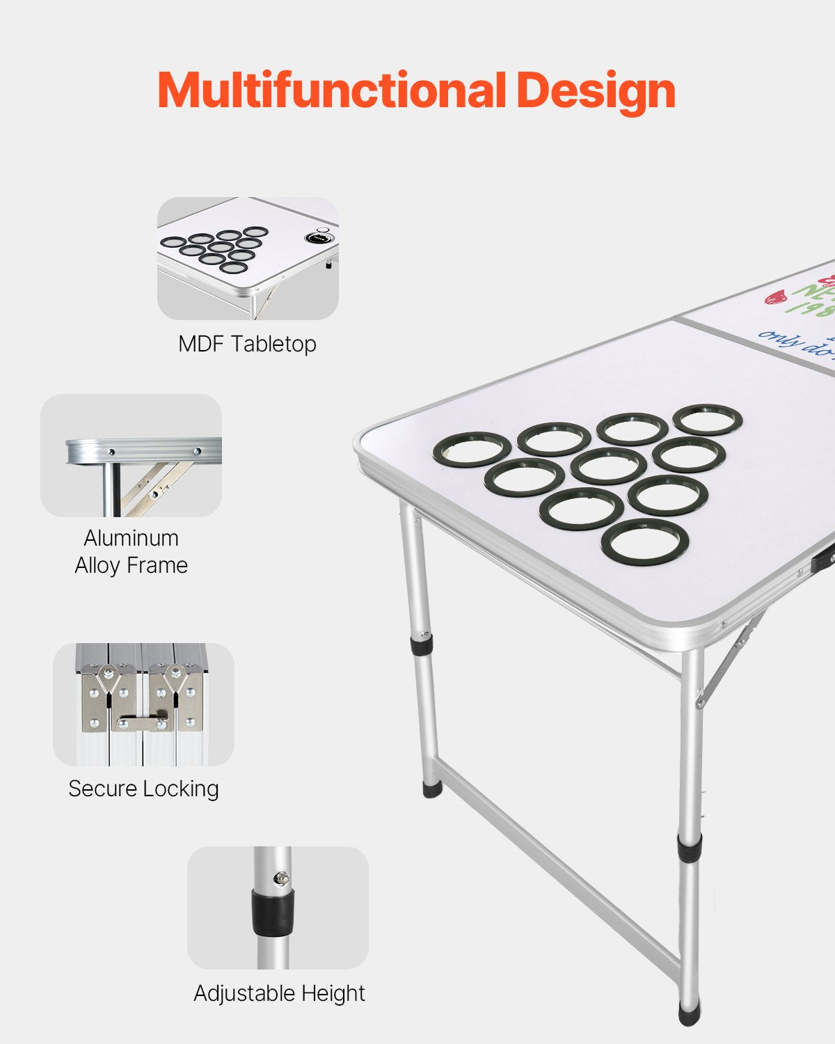 2.4 m Portable Beer Pong Table, Folding Tailgate Table, Cup Holes, Dry Erase Markers and Carrying Handles, Adjustable Height, Lightweight Table for Office, Tailgate Party & Camping, White