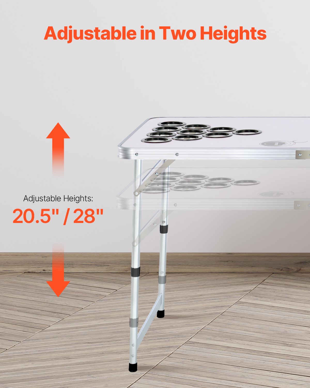 2.4 m Portable Beer Pong Table, Folding Tailgate Table, Cup Holes, Dry Erase Markers and Carrying Handles, Adjustable Height, Lightweight Table for Office, Tailgate Party & Camping, White