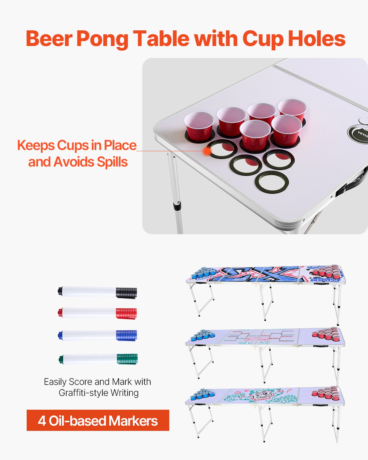 2.4 m Portable Beer Pong Table, Folding Tailgate Table, Cup Holes, Dry Erase Markers and Carrying Handles, Adjustable Height, Lightweight Table for Office, Tailgate Party & Camping, White