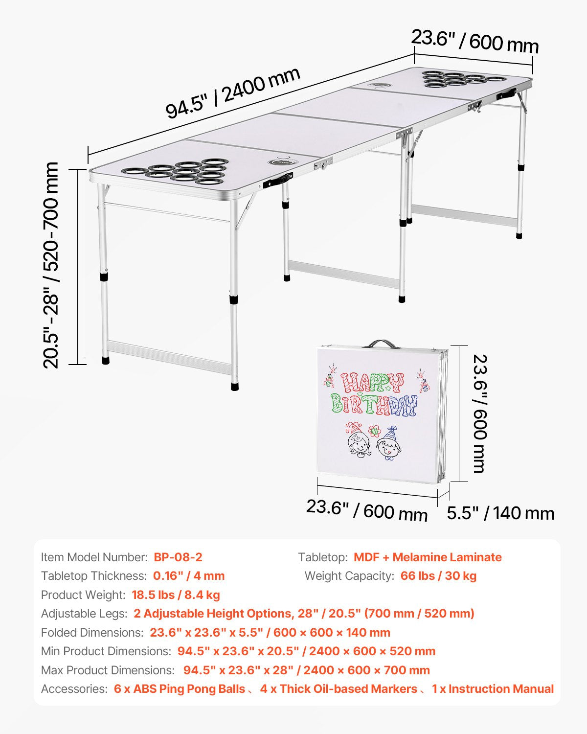 2.4 m Portable Beer Pong Table, Folding Tailgate Table, Cup Holes, Dry Erase Markers and Carrying Handles, Adjustable Height, Lightweight Table for Office, Tailgate Party & Camping, White