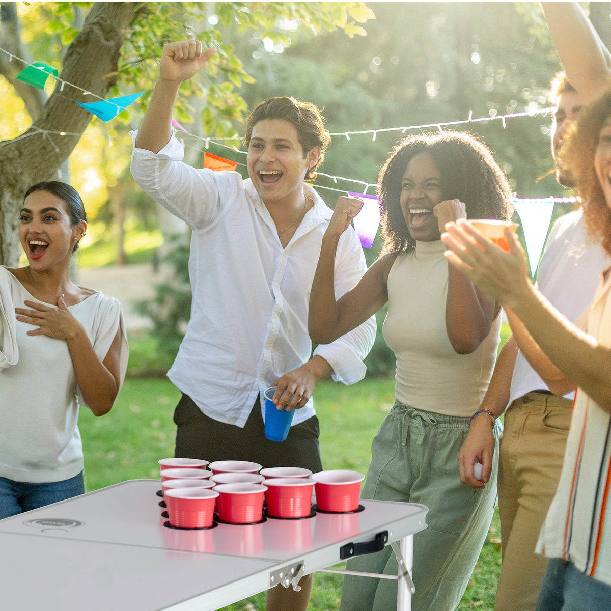 2.4 m Portable Beer Pong Table, Folding Tailgate Table, Cup Holes, Dry Erase Markers and Carrying Handles, Adjustable Height, Lightweight Table for Office, Tailgate Party & Camping, White