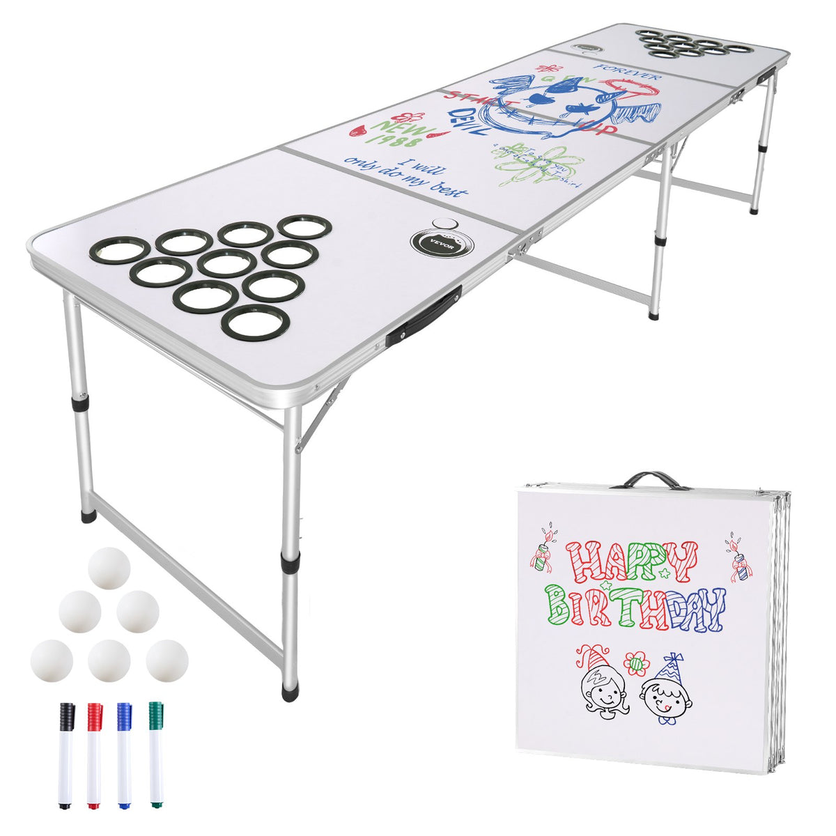 2.4 m Portable Beer Pong Table, Folding Tailgate Table, Cup Holes, Dry Erase Markers and Carrying Handles, Adjustable Height, Lightweight Table for Office, Tailgate Party & Camping, White