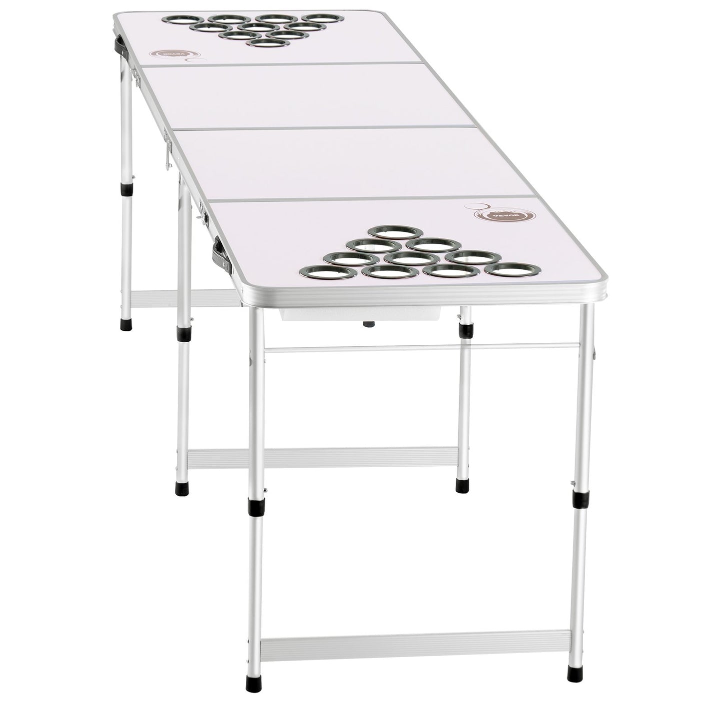 2.4 m Portable Beer Pong Table, Folding Tailgate Table, Cup Holes, Dry Erase Markers and Carrying Handles, Adjustable Height, Lightweight Table for Office, Tailgate Party & Camping, White