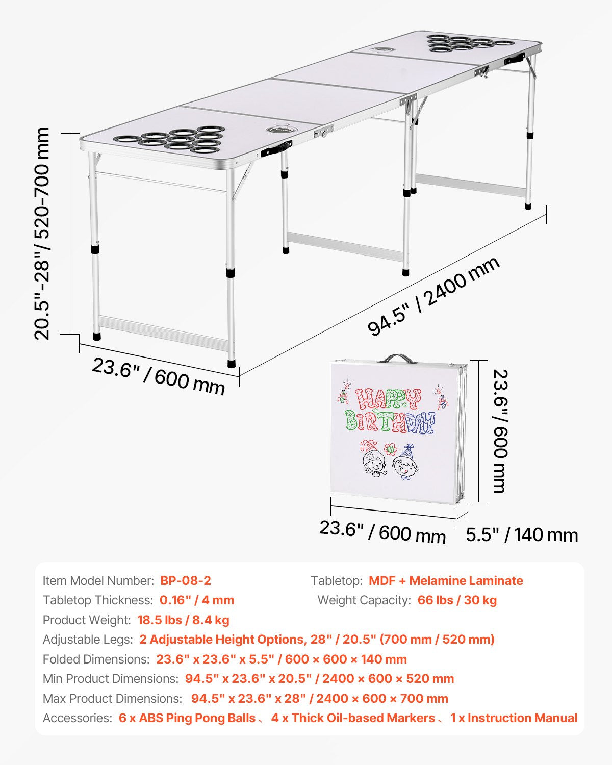 VEVOR 2.4 m Portable Beer Pong Tailgate Table Party Game Cup Holes Pong Balls