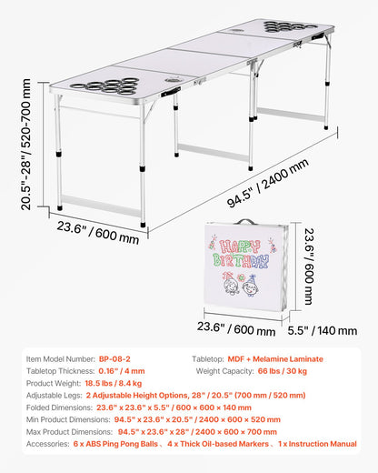VEVOR 2.4 m Portable Beer Pong Tailgate Table Party Game Cup Holes Pong Balls