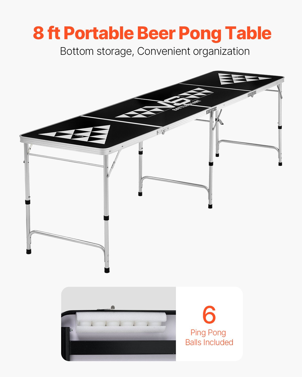 2.4 m Portable Beer Pong Table, Foldable Tailgate Table,Carrying Handles and 6 Pong Balls, Adjustable Height, Lightweight Table for Office, Tailgate Party, Travel and Camping, Black