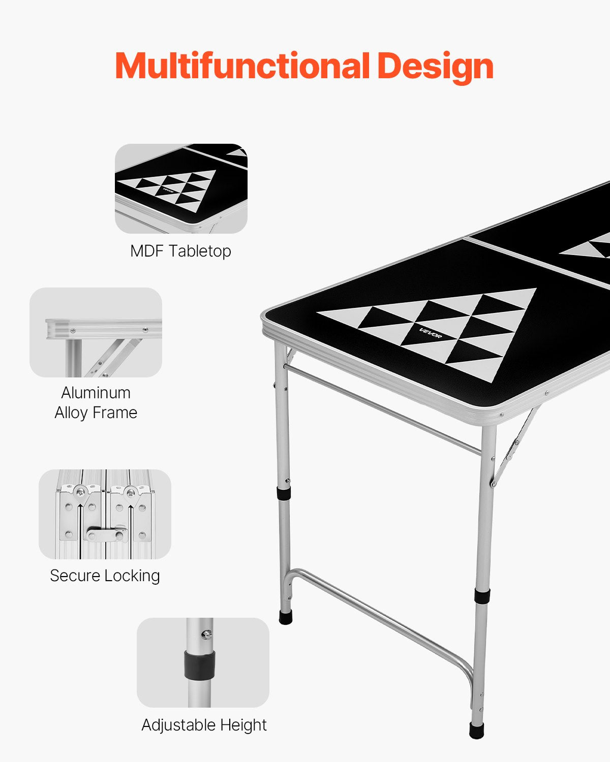 2.4 m Portable Beer Pong Table, Foldable Tailgate Table,Carrying Handles and 6 Pong Balls, Adjustable Height, Lightweight Table for Office, Tailgate Party, Travel and Camping, Black