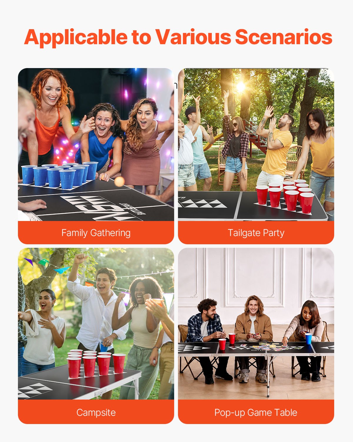 2.4 m Portable Beer Pong Table, Foldable Tailgate Table,Carrying Handles and 6 Pong Balls, Adjustable Height, Lightweight Table for Office, Tailgate Party, Travel and Camping, Black