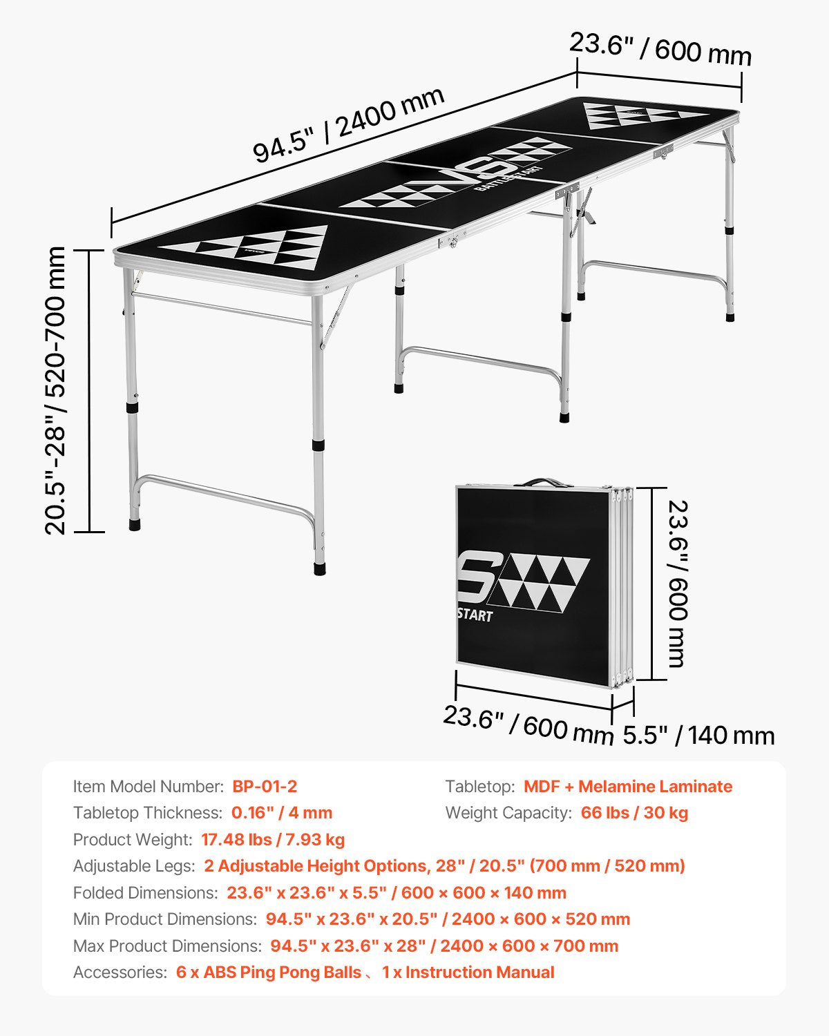 2.4 m Portable Beer Pong Table, Foldable Tailgate Table,Carrying Handles and 6 Pong Balls, Adjustable Height, Lightweight Table for Office, Tailgate Party, Travel and Camping, Black