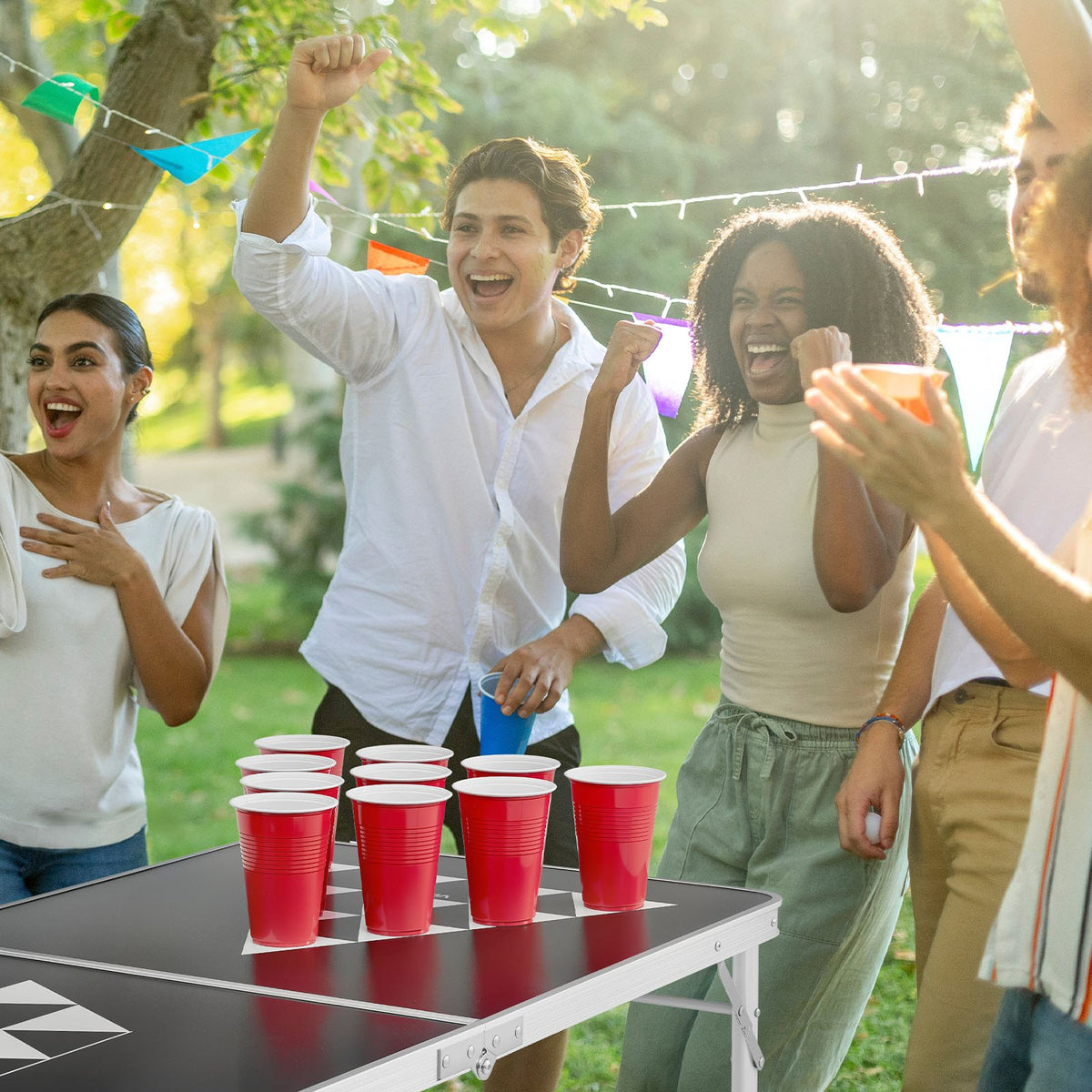 2.4 m Portable Beer Pong Table, Foldable Tailgate Table,Carrying Handles and 6 Pong Balls, Adjustable Height, Lightweight Table for Office, Tailgate Party, Travel and Camping, Black