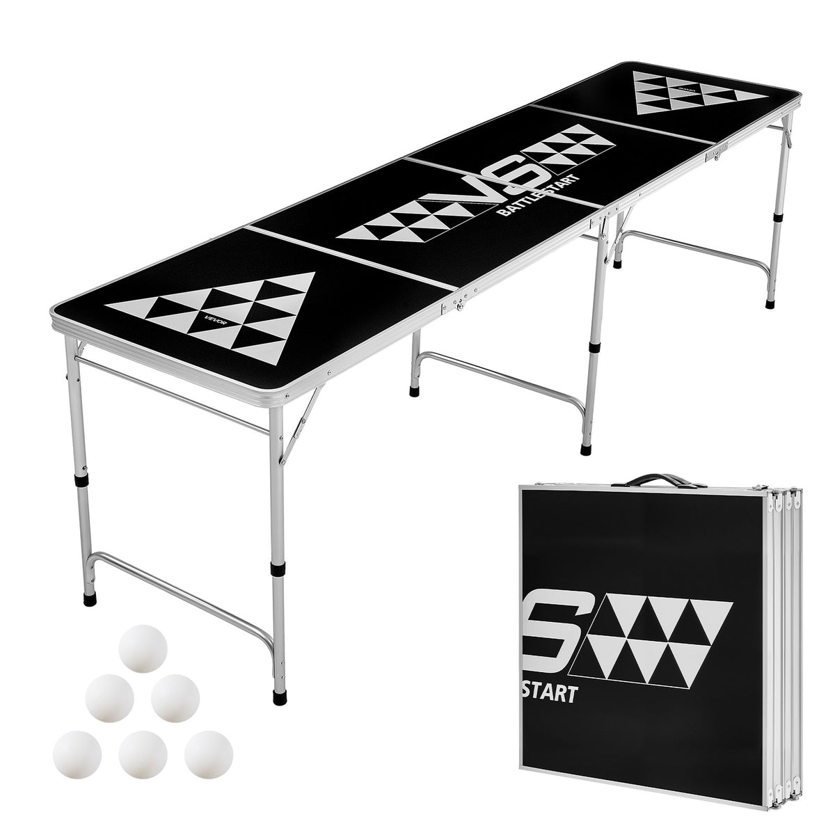 2.4 m Portable Beer Pong Table, Foldable Tailgate Table,Carrying Handles and 6 Pong Balls, Adjustable Height, Lightweight Table for Office, Tailgate Party, Travel and Camping, Black