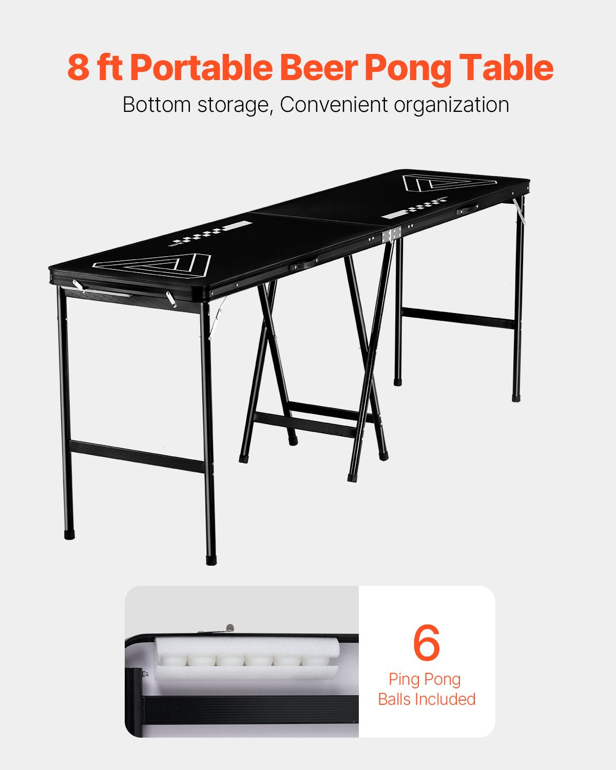 2.4 m Portable Beer Pong Table, Foldable 36 inch Heightened Table, Carrying Handles and 6 Pong Balls, Lightweight Tailgate Table for Office, Tailgate Party, Travel & Camping, Black