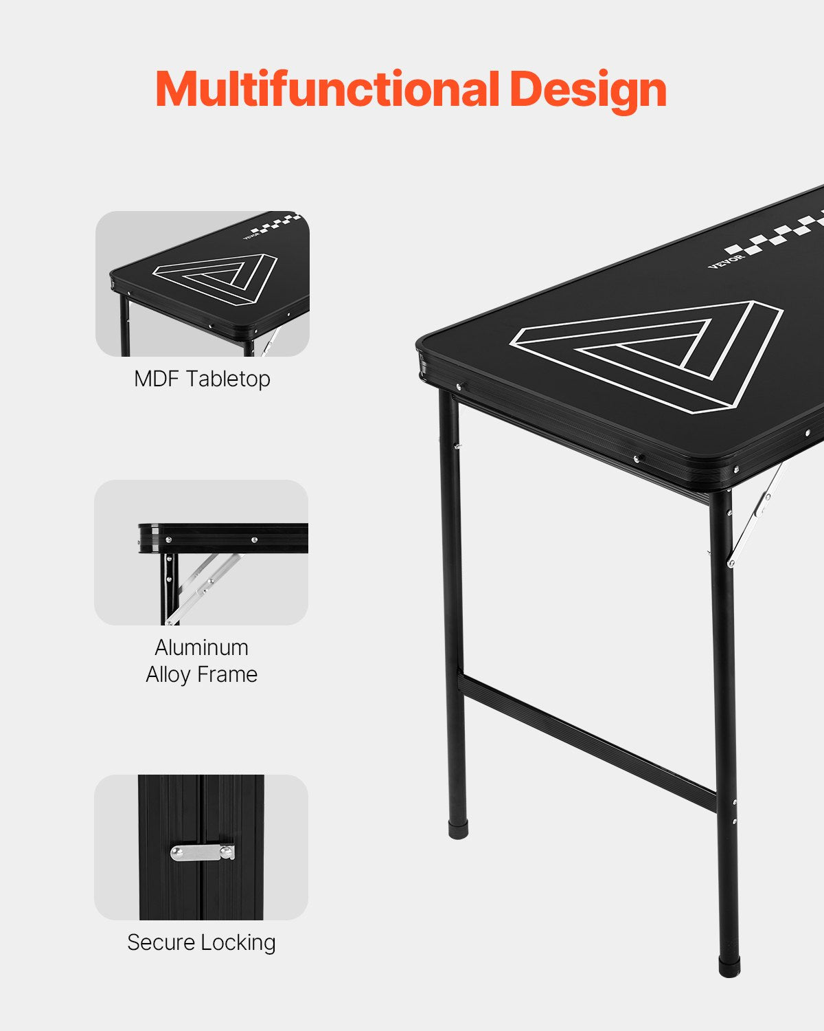 2.4 m Portable Beer Pong Table, Foldable 36 inch Heightened Table, Carrying Handles and 6 Pong Balls, Lightweight Tailgate Table for Office, Tailgate Party, Travel & Camping, Black