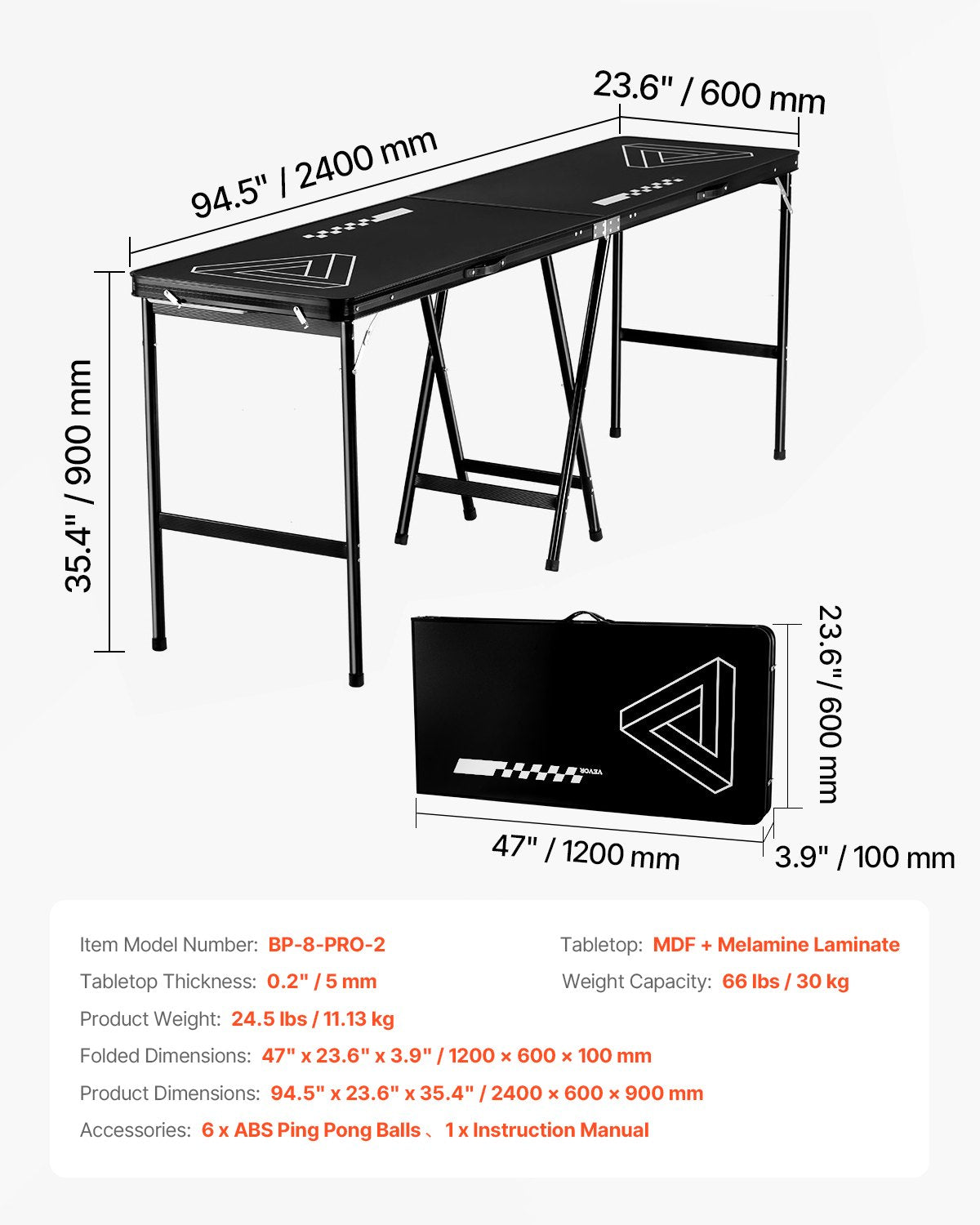 2.4 m Portable Beer Pong Table, Foldable 36 inch Heightened Table, Carrying Handles and 6 Pong Balls, Lightweight Tailgate Table for Office, Tailgate Party, Travel & Camping, Black