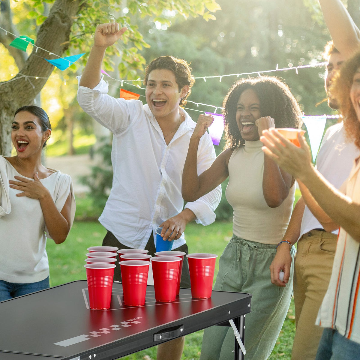 2.4 m Portable Beer Pong Table, Foldable 36 inch Heightened Table, Carrying Handles and 6 Pong Balls, Lightweight Tailgate Table for Office, Tailgate Party, Travel & Camping, Black