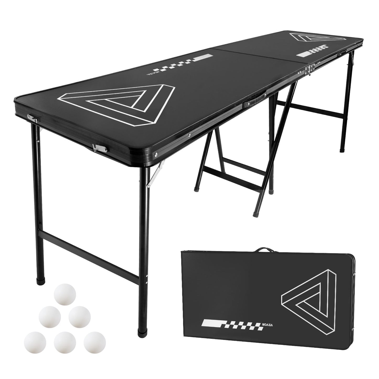 2.4 m Portable Beer Pong Table, Foldable 36 inch Heightened Table, Carrying Handles and 6 Pong Balls, Lightweight Tailgate Table for Office, Tailgate Party, Travel & Camping, Black